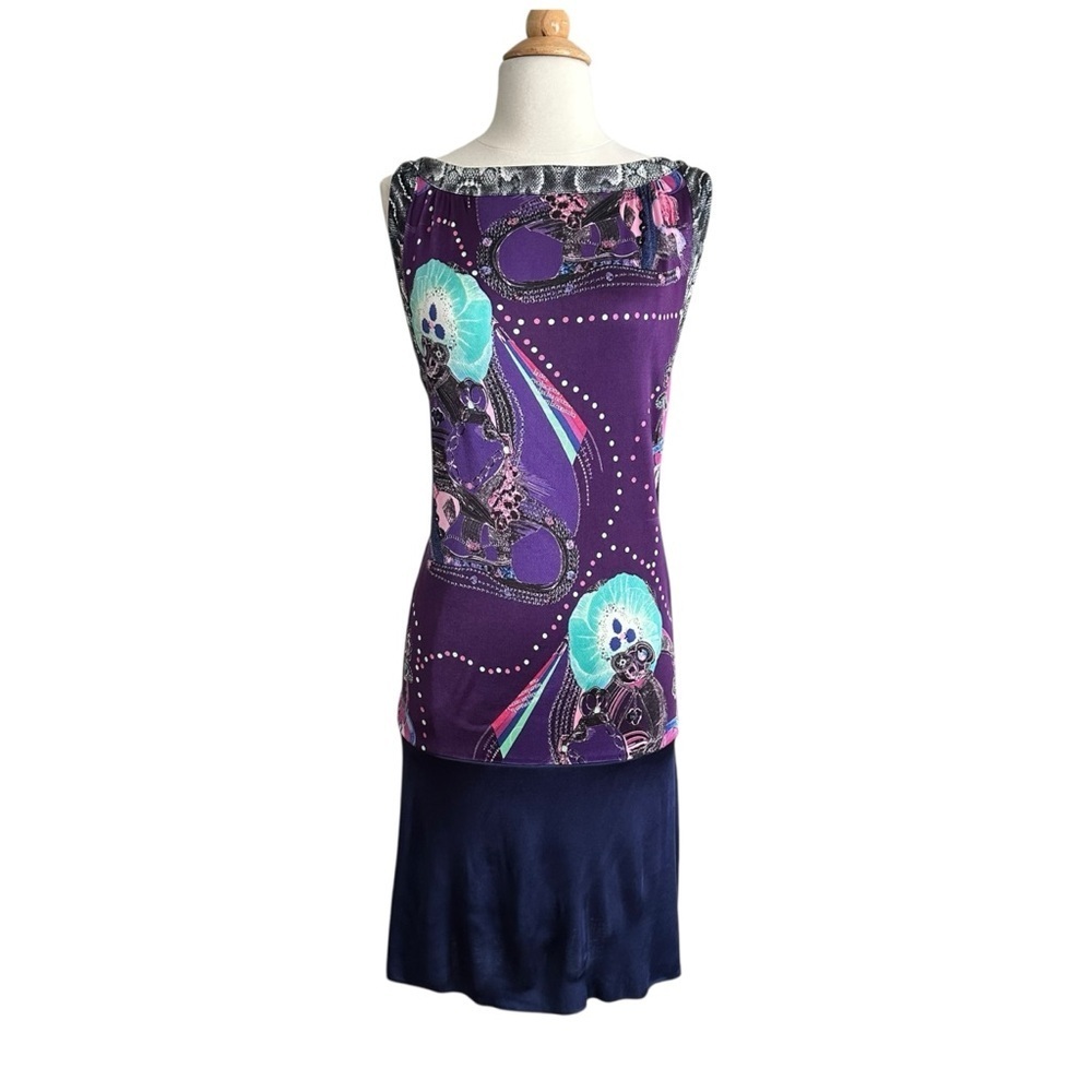 CUSTO BARCELONA Vintage 90s‎ Y2K Artsy Print Sleeveless Dress Purple Blue Size S